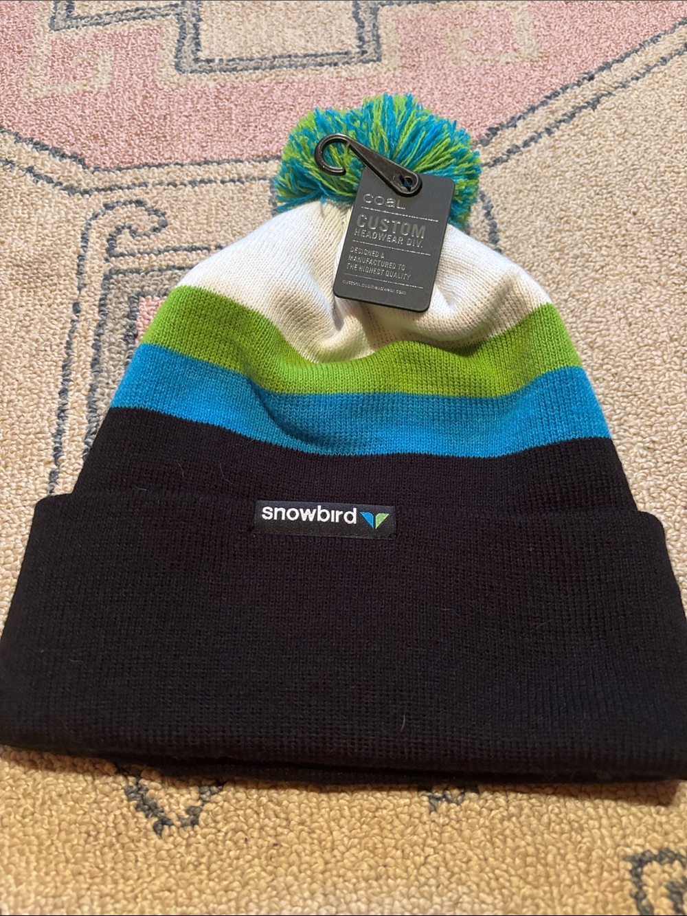 Snowbird Striped Pom Beanie - Black, Blue & Green